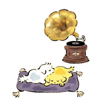 absurdres closed_eyes commentary_request cushion dog em913em highres korean_commentary no_humans original phonograph simple_background sleeping vinyl_record white_background white_dog yellow_dog
