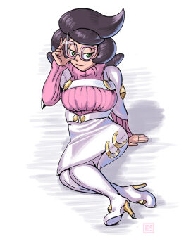 1girl adjusting_eyewear big_hair boots breasts buttons capelet glasses green_eyes half-closed_eyes hand_on_ground hand_up high-waist_skirt high_heel_boots high_heels large_breasts long_sleeves medium_skirt nintendo on_bed pencil_skirt pink-framed_eyewear pink_sweater pokemon pokemon_sm purple_hair ribbed_sweater short_hair skirt smile solo sweater turtleneck turtleneck_sweater white_capelet white_skirt wicke_(pokemon) zestysauce
