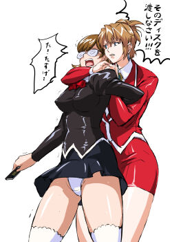 2girls agent_aika aika_(series) ascot asphyxiation black_delmo black_jacket black_skirt blue_eyes breasts brooch brown_hair choke_hold commentary_request crotch_seam defeat delmo delmogeny_uniform earrings extra femdom floppy_disk folded_ponytail glasses glasses_delmo highres holding jacket jewelry juliet_sleeves long_sleeves mamesi_(suhk8583) medium_breasts minidisc multiple_girls open_mouth panties pantyshot pencil_skirt pleated_skirt puffy_sleeves red_ascot red_jacket red_skirt short_hair skirt speech_bubble standing strangling sumeragi_aika swirly_glasses_delmo thighhighs underwear v-shaped_eyebrows white_legwear white_panties
