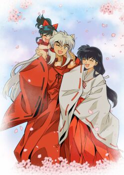 1boy 2girls ;d animal_ears black_hair bow carrying chandllucky cherry_blossoms closed_eyes dog_ears family fang fangs full_body grey_hair hair_between_eyes hair_bow hakama hakama_skirt han&#039;you_no_yashahime highres higurashi_kagome inuyasha inuyasha_(character) japanese_clothes kimono long_hair long_sleeves moroha multiple_girls one_eye_closed open_mouth petals red_bow red_hakama red_kimono shoulder_carry skirt smile spanish_commentary very_long_hair white_kimono wide_sleeves yellow_eyes