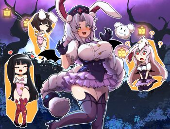 4girls ? ?? alternate_costume animal_ears bare_tree black_gloves black_hair black_shoes black_thighhighs blue_hat blush braid breasts brown_hair claw_pose closed_eyes closed_mouth commentary_request constellation_print cosplay cross cross_print frilled_skirt frills gloves halloween halloween_costume hat heart highres houraisan_kaguya inaba_tewi lantern large_breasts leg_up leotard long_hair multiple_girls necktie nurse_cap open_mouth peso_(cheese_company) pink_necktie pink_skirt print_hat puffy_short_sleeves puffy_sleeves purple_hair rabbit_ears rabbit_girl rabbit_tail red_eyes red_leotard red_thighhighs reisen_udongein_inaba shirt shoes short_sleeves single_braid sitting skirt tail thighhighs touhou touhou_gensou_eclipse tree vampire_costume very_long_hair white_shirt yagokoro_eirin