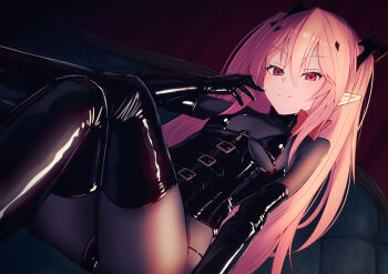 1girl black_corset black_gloves black_thighhighs bodystocking bondage_outfit breasts commentary_request corset crossed_legs dominatrix elbow_gloves gloves katsuten krul_tepes long_hair looking_at_viewer owari_no_seraph pink_hair pointy_ears red_eyes shiny_clothes sitting slit_pupils small_breasts solo thighhighs two_side_up