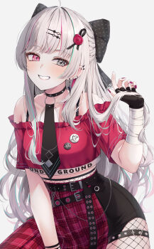 1girl absurdres bandaged_arm bandages bare_shoulders black_bow black_gloves black_necktie bow clenched_teeth fingerless_gloves fishnet_pantyhose fishnets gloves grey_background grey_eyes grey_hair hair_bow hand_up heterochromia highres ishigami_nozomi long_hair looking_at_viewer necktie nijisanji pantyhose pink_eyes pink_hair polka_dot polka_dot_bow red_skirt sakuno_(sksk_sakuno) short_sleeves simple_background skirt smile solo teeth virtual_youtuber