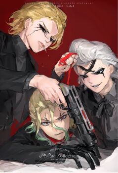 Rule 34 | 3boys, black eyes, black gloves, black jacket, black ribbon, black sclera, black shirt, blonde hair, cigarette, closed mouth, collared shirt, colored sclera, cracked skin, dr. stone, facial mark, facial tattoo, gloves, gradient hair, green hair, grey hair, grey shirt, grin, gun, hair between eyes, hair slicked back, highres, holding, holding gun, holding weapon, ishigami senkuu, jacket, long sleeves, looking at viewer, male focus, mouth hold, multicolored hair, multiple boys, neck ribbon, nlnqdt, open clothes, open jacket, red background, red eyes, red sclera, ribbon, shirt, short hair, simple background, smile, stanley snyder (dr.stone), tattoo, turtleneck, two-tone hair, upper body, weapon, white hair, xeno (dr.stone)