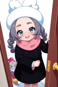 Rule 34 | 1girl, :d, absurdres, ansha (pokemon), black coat, blue eyes, coat, commentary, door, doorway, eyelashes, gen 6 pokemon, happy, hat, highres, hoopa, hoopa (confined), legendary pokemon, long hair, long sleeves, looking at viewer, mythical pokemon, nintendo, open mouth, pink scarf, pokemon, pokemon (creature), pokemon legends: z-a, pov doorway, scarf, smile, standing, su1zide, teeth, upper teeth only, white hat