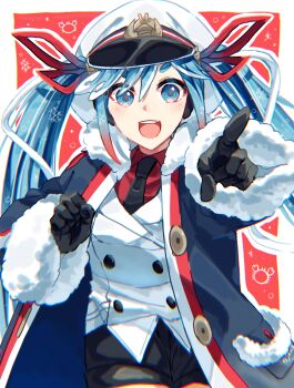 1girl absurdres aqua_eyes aqua_hair black_gloves black_necktie black_shorts blush collared_shirt commentary fur-trimmed_jacket fur-trimmed_sleeves fur_trim gloves hair_between_eyes hair_ornament hair_ribbon hat hatsune_miku highres jacket light_blush long_hair long_sleeves looking_at_viewer mkmk_tttu multicolored_hair necktie official_alternate_costume official_alternate_hairstyle open_mouth peaked_cap pointing pointing_at_viewer red_hair red_ribbon red_shirt ribbon sailor_hat shirt shorts smile snowflakes solo twintails very_long_hair vocaloid white_hat yuki_miku yuki_miku_(2022)