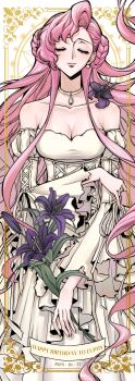 1girl black_flower breasts choker cleavage closed_eyes code_geass donut_hair_bun dress euphemia_li_britannia flower gold_choker hair_bun highres holding holding_flower jewelry long_hair long_sleeves necklace pink_hair smile solo urinxychjzzwlof very_long_hair white_dress
