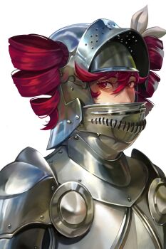 1girl absurdres armor bow commentary covered_mouth creemshouwn drill_hair english_commentary hair_bow hair_through_headwear helmet highres kasane_teto kasane_teto_(sv) knight looking_to_the_side red_eyes red_hair solo synthesizer_v twin_drills utau