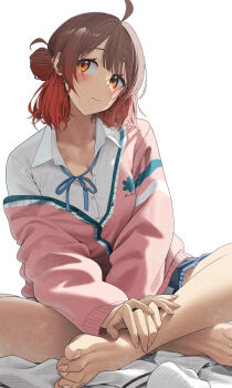 Rule 34 | 1girl, ahoge, barefoot, blue ribbon, breasts, brown hair, cardigan, cleavage, closed mouth, collared shirt, commentary request, feet, gakuen idolmaster, gradient hair, hair bun, hanami ume, hands on own leg, highres, idolmaster, indian style, long sleeves, looking to the side, medium hair, multicolored hair, neck ribbon, noeru, off shoulder, orange eyes, partially unbuttoned, pink cardigan, ribbon, school uniform, shirt, sideways glance, simple background, sitting, solo, toes, white background, white shirt, wing collar