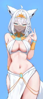 1girl absurdres ahoge alternate_costume ancient_egyptian ancient_egyptian_clothes animal_ear_fluff animal_ears aqua_eyes arm_behind_back arm_guards armband armlet bare_shoulders blue_background blush braid breasts cleavage commentary cowboy_shot dancer fox_ears fox_girl fox_shadow_puppet fox_tail galileoningyo_e hairband hand_up highres hololive jewelry looking_at_viewer medium_breasts meme midriff mouth_veil navel pelvic_curtain see-through_clothes see-through_veil shirakami_fubuki side_braid simple_background single_braid solo standing stomach sweat tail tongue tongue_out veil virtual_youtuber white_hair wide_hips