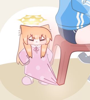 2girls absurdres animal_ear_fluff animal_ears ass blue_archive blue_buruma blue_jacket blunt_bangs brown_background buruma closed_eyes closed_mouth commentary english_commentary halo hands_on_own_hips highres horuhara jacket light_frown long_hair long_sleeves mari_(blue_archive) multiple_girls neck_ribbon pajamas pink_pajamas pink_slippers polka_dot polka_dot_pajamas ribbon shoes sitting sleeves_past_wrists slippers standing v-shaped_eyebrows very_long_hair white_background yellow_halo yuuka_(blue_archive) yuuka_(track)_(blue_archive)