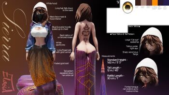 1girl 3d absurdres artist_name back_tattoo breasts brown_hair brown_skirt character_name reference_sheet cleavage color_guide commentary dark-skinned_female dark_skin elasid english_commentary english_text highres hood hood_up hooded_shrug lamia long_skirt mask medium_hair mixed_media monster_girl mouth_mask multiple_views original purple_scales scales shrug_(clothing) sierra_(elasid) skirt sports_bra tattoo yellow_eyes