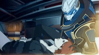 alien animated animated_gif caressing_hair commander_shepard commander_shepard_(female) garrus_vakarian on_bed tumblr turian wei