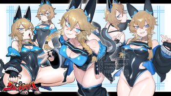 1girl animal_ears black_gloves black_jacket black_nails black_one-piece_swimsuit blonde_hair blue_bow blue_eyes blue_one-piece_swimsuit borrowed_character bow braid breasts cat_ears cleavage cleavage_cutout closed_mouth clothing_cutout commentary_request dot_mouth double_v fingerless_gloves fingernails gloves grin hair_bow half-closed_eyes hands_up highres hive_(hornet83_bee) jacket kiheidan_gadget_revolver large_breasts long_eyelashes long_hair looking_at_viewer low_twin_braids mole mole_under_eye multiple_views nail_polish off_shoulder one-piece_swimsuit open_mouth original phantasy_star phantasy_star_online_2 ringed_eyes side_cutout sido_(slipknot) smile squatting swimsuit toenail_polish toenails tongue tongue_out twin_braids two-tone_swimsuit v