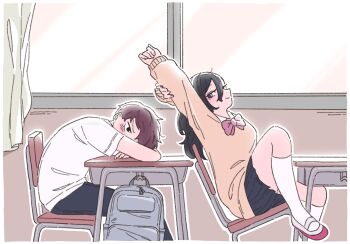 1boy 1girl arm_up arms_up backpack bag black_eyes black_hair black_pants black_skirt bow bowtie brown_hair chair classroom desk highres indoors kimsoing kneehighs leaning_back long_hair mole mole_under_eye original pants school_desk shirt short_hair sitting skirt socks stretching sweater unworn_backpack unworn_bag white_shirt white_socks window