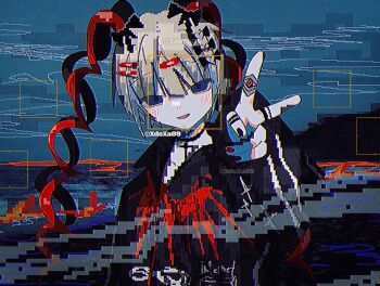 Rule 34 | 1girl, alternate costume, alternate hair color, artist name, black choker, black jacket, blue eyes, blush, bow, choker, chouzetsusaikawa tenshi-chan, commentary, distortion, empty eyes, hair between eyes, hair bow, hair ornament, hairclip, hand up, highres, jacket, long hair, long sleeves, looking at viewer, multicolored nails, multiple hair bows, needy girl overdose, open mouth, quad tails, smile, solo, symbol-only commentary, upper body, v, xdoxa89