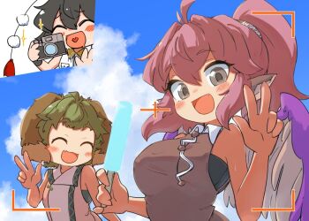 3girls adapted_costume animal_ears bird_ears bird_wings black_hair blush breasts brown_dress camera closed_eyes dog_ears dress fang food green_hair grey_eyes holding holding_camera holding_food kasodani_kyouko large_breasts looking_at_viewer multiple_girls mystia_lorelei open_mouth pink_dress pink_hair pom_pom_(clothes) popsicle shameimaru_aya short_hair sleeveless sleeveless_dress small_breasts smile touhou uisu_(noguchipint) v viewfinder white_wings wings