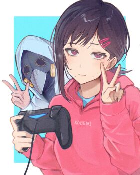 1boy 1girl black_hair chainsaw_man closed_mouth controller game_controller higashiyama_kobeni highres holding holding_controller holding_game_controller hood hood_up hoodie looking_at_viewer mole mole_under_eye mole_under_mouth pink_hoodie plague_doctor_mask purple_eyes sakuranuts00 single_sidelock sweat v violence_fiend_(chainsaw_man) w