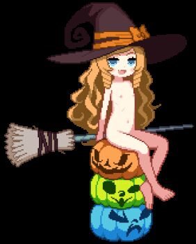 1girl :d ami_(ammy33) animated animated_gif blonde_hair blue_eyes blush broom broom_riding crossed_ankles doctor_magus doctor_magus_4 drill_hair drill_sidelocks etrian_odyssey fang flat_chest full_body halloween hat hat_ribbon holding holding_broom large_hat loli long_hair looking_at_viewer looping_animation navel nipples nude open_mouth pixel_art pumpkin ribbon sekaiju_no_meikyuu sekaiju_no_meikyuu_2 sidelocks simple_background sitting skin_fang smile solo transparent_background very_long_hair witch_hat