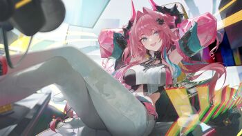 1girl arknights arknights:_endfield blue_eyes dragon_girl dragon_horns dragon_tail drill_hair hair_intakes highres horns long_hair looking_at_viewer modare multicolored_hair official_art pants pink_hair pointy_ears sidelocks solo streaked_hair tail tight_clothes tight_pants twin_drills twintails white_pants yvonne_(arknights)