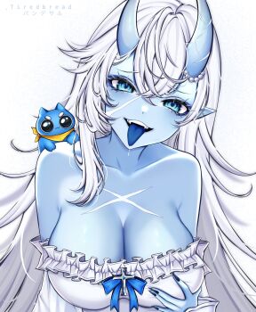 Rule 34 | 1girl, akumi (yoclesh), blue eyes, blue skin, blue tongue, breasts, cleavage, colored skin, colored tongue, cross, dress, fangs, frills, hair between eyes, highres, horns, huge breasts, indie virtual youtuber, large breasts, long hair, looking at viewer, oni, pointy ears, saliva, scar, scar on chest, scar on face, scar on horns, smile, strapless, strapless dress, tiredbread, virtual youtuber, white background, white dress, white hair