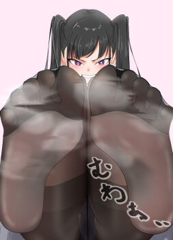 1girl black_hair clenched_teeth feet feet_up highres kon_(user_vvkd7358) long_hair looking_at_viewer panties panties_under_pantyhose pantyhose pantyshot parted_lips purple_eyes smell soles steam teeth toes twintails underwear