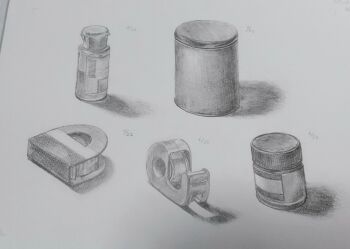 Rule 34 | bottle, can, commentary request, graphite (medium), grey outline, greyscale, harusa1107, highres, monochrome, no humans, object focus, original, outline, paint tube, realistic, shadow, sketch, sketchbook, still life, tape, traditional media, white background