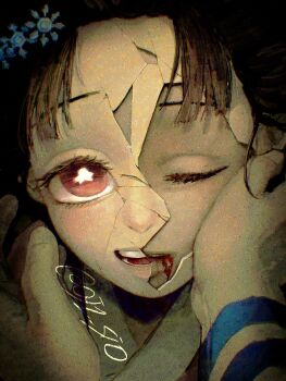 Rule 34 | 1boy, 1girl, aj1 si0, akaza (kimetsu no yaiba), arm tattoo, artist name, blood, blood from mouth, brown hair, cracked kawaii mask, hair ornament, highres, kimetsu no yaiba, koyuki (kimetsu no yaiba), parted bangs, pink eyes, portrait, short hair, snowflake hair ornament, tattoo, teeth