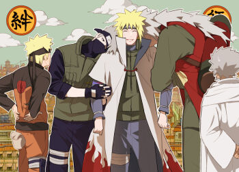 5boys bandaged_leg bandages black_gloves black_headband black_mask black_pants black_shirt black_sleeves blonde_hair blue_pants closed_eyes cloud cloudy_sky coat fingerless_gloves flak_jacket gloves green_vest grey_hair hands_on_own_back hatake_kakashi headband headband_over_one_eye holding_another&#039;s_arm jacket jiraiya_(naruto) jumpsuit konohagakure_symbol leaning_on_person long_coat long_hair low_ponytail male_focus mask mouth_mask multicolored_jacket multiple_boys namikaze_minato naruto_(series) naruto_shippuuden nervous_smile old old_man orange_jacket orange_jumpsuit orange_pants pants parted_lips ponytail red_tunic robe sarutobi_hiruzen shirt short_hair sky smile so_je_(sojeipic) spiked_hair sweatdrop tunic two-tone_jacket uzumaki_naruto vest white_coat white_robe