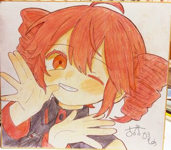 Rule 34 | 1girl, ahoge, colored pencil (medium), drill hair, grin, hands up, highres, kasane teto, kasane teto (utau), komori kamome, looking at viewer, one eye closed, portrait, red eyes, red hair, signature, smile, solo, traditional media, twin drills, utau