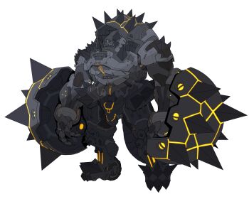 absurdres armor black_armor catball1994 highres kaiju magular_(ultra_series) mechanization monster power_armor shoulder_spikes spiked_kneepads spiked_shield spiked_tail spikes standing tail ultra_series ultraman_(1st_series) white_background yellow_eyes