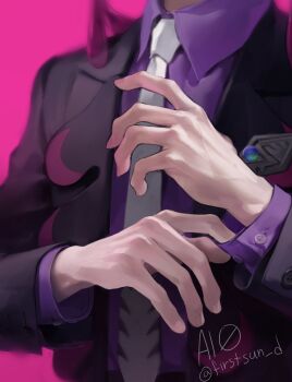 1boy adjusting_cuffs artist_name corbeau_(pokemon) firstsun_d highres jacket long_sleeves male_focus mega_stone necktie nintendo pale_skin pink_background pokemon pokemon_legends:_z-a purple_shirt shirt simple_background solo torso_only twitter_username white_necktie wrist_cuffs