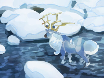 Rule 34 | animal focus, antlers, commentary request, fusenryo, horns, ice, nintendo, no humans, outdoors, pokemon, pokemon (creature), pokemon focus, river, snow, solo, water, wyrdeer