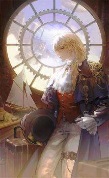 Rule 34 | 1boy, alkaid mcgrath, alkaid mcgrath (mist city), ascot, belt, black hat, blonde hair, blue capelet, blue coat, brooch, brown belt, capelet, chinese commentary, cityscape, coat, compass, cowboy shot, day, dywx poison, frilled sleeves, frills, gears, gloves, goggles, goggles on headwear, green eyes, hair between eyes, hair over shoulder, hair ribbon, hat, highres, holding, holding unworn clothes, holding unworn hat, indoors, jewelry, lapels, leg belt, light smile, long hair, long sleeves, lovebrush chronicles, low ponytail, male focus, map (object), model ship, o-ring, o-ring belt, open clothes, open coat, pants, parted lips, ponytail, profile, red vest, ribbon, round window, shirt, sideways glance, solo, standing, steampunk, suitcase, table, trilby, unworn hat, unworn headwear, vest, white ascot, white gloves, white pants, white ribbon, white shirt, window