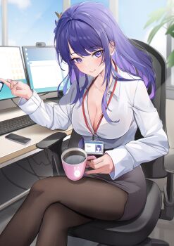 1girl absurdres alternate_costume breasts brown_pantyhose cellphone chair cleavage closed_mouth coffee_mug collar collared_shirt commentary_request computer computer_keyboard contemporary crossed_legs cup desktop_(computing) feet_out_of_frame genshin_impact grey_skirt high-waist_skirt highres holding holding_cup id_card indoors lanyard large_breasts long_hair long_sleeves looking_at_viewer mole mole_under_eye monitor mug multicolored_hair multiple_monitors office office_chair office_lady on_chair pantyhose partially_unbuttoned pencil_skirt phone print_mug purple_eyes purple_hair purple_nails raiden_shogun shirt shirt_tucked_in sitting skirt smartphone smile solo swivel_chair two-tone_hair webcam white_collar white_shirt yutoriko_(candy0905)