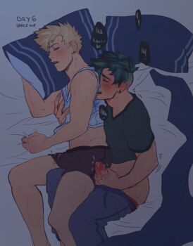 bakugou_katsuki black_male_underwear blonde_hair blue_pants blush body_freckles boku_no_hero_academia boxers closed_eyes clothes_pull earrings freckles green_shirt highres jewelry lying male_focus male_masturbation male_underwear male_underwear_peek masturbation midoriya_izuku on_bed on_side open_mouth pants pants_pull penis precum precum_through_clothes shirt short_hair sleep_molestation spacenipnops spiked_hair tank_top undercut underwear yaoi