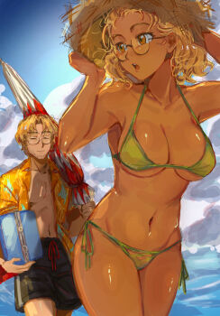 benny_(black_lagoon) bikini black_lagoon breasts commentary green_bikini hat highres holding holding_umbrella janet_bhai large_breasts male_swimwear patterned_clothing semi-rimless_eyewear straw_hat swim_trunks swimsuit umbrella unbuttoned unbuttoned_shirt untranslatable_commentary water_cooler
