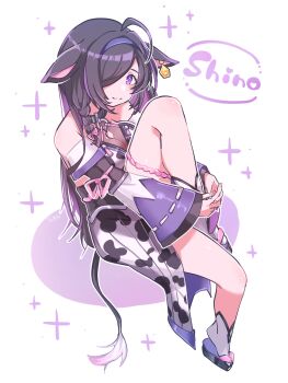 1girl ahoge animal_ears animal_print bare_shoulders belt_collar black_collar black_hair black_sandals blush braid breasts character_name cleavage_cutout closed_mouth clothing_cutout collar colored_inner_hair cow_ears cow_girl cow_print cow_tail detached_sleeves ear_tag from_side full_body hair_over_one_eye hair_ribbon hairband highres hugging_own_leg invisible_chair japanese_clothes kimono knee_to_chest knee_up large_breasts long_hair long_sleeves looking_at_viewer mole mole_under_eye multicolored_hair nijisanji obi obijime okobo one_eye_covered parted_bangs pink_ribbon platform_sandals print_kimono purple_eyes purple_hair purple_hairband purple_sleeves ribbon ribbon-trimmed_sleeves ribbon_trim sandals sash see-through_cleavage see-through_clothes side_braid side_slit sidelocks signature single_braid sitting smile socks solo sparkle_background streaked_hair tabi tail tamako_mos969 tassel thigh_strap virtual_youtuber white_background white_socks wide_sleeves yagyu_shino