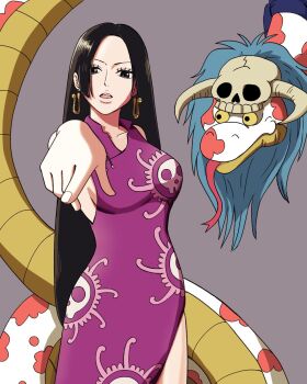 1girl black_hair bluehige1456 boa_hancock breasts collarbone commentary_request dress earrings highres jewelry long_hair looking_at_viewer one_piece open_mouth parted_bangs print_dress purple_dress salome_(one_piece) sharp_teeth skull_print snake_earrings solo teeth upper_teeth_only