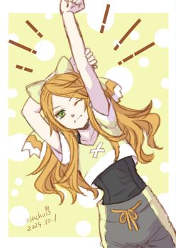 1girl 2025 arm_behind_head arm_up artist_name bow dated etie_(fire_emblem) fire_emblem fire_emblem_engage green_eyes hair_bow highres medium_hair nintendo one_eye_closed orange_hair pants solo stretching sweatpants upper_body usachu_now