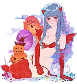 1girl 2021 alternate_costume alternate_hair_color arm_support balloon bare_shoulders bikini blue_hair blunt_bangs blush boots breasts candle candy cleavage closed_mouth collarbone commentary cross cross_necklace demon_horns demon_wings earrings elbow_gloves food full_body gloves halloween halloween_costume happy_halloween highres horns jewelry long_hair looking_at_viewer macross macross_frontier medium_breasts navel necklace pumpkin red_bikini red_boots red_gloves red_wings sechi_(stst1850) sheryl_nome side-tie_bikini_bottom sidelocks single_earring sitting smile solo stomach swimsuit thigh_boots wings yokozuwari