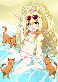 Rule 34 | 1girl, :d, absurdres, barefoot, beach, bikini, blonde hair, bow, cat, commentary request, eyewear on head, feet, flat chest, full body, green bikini, hair ornament, hair scrunchie, heart, heart-shaped eyewear, highres, holding cat teaser, hood, hood down, hooded jacket, jacket, long hair, looking at viewer, lyrical nanoha, mahou shoujo lyrical nanoha, miyajima hitoshi, multicolored bikini, navel, open clothes, open jacket, open mouth, orange bow, pink-framed eyewear, pink bikini, pink scrunchie, polka dot, polka dot bikini, ponytail, puffy short sleeves, puffy sleeves, scrunchie, short sleeves, sitting, sleeve bow, smile, solo, stomach, sunglasses, swimsuit, very long hair, wariza, white bikini, yellow bikini, yellow eyes, yellow jacket, yuri eberwein