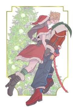 1boy 1girl black_boots black_gloves black_hair blonde_hair blue_pants blush boots capelet christmas christmas_ornaments christmas_tree cloud_strife cloud_strife_(holiday_outfit) commentary couple english_commentary eye_contact face-to-face final_fantasy final_fantasy_vii final_fantasy_vii:_ever_crisis from_side full_body fur-trimmed_boots fur-trimmed_capelet fur-trimmed_jacket fur-trimmed_skirt fur_trim gloves green_scarf green_socks hair_ornament hand_on_another's_hip hat hetero high_heel_boots high_heels highres holding_hands jacket long_hair looking_at_another low-tied_long_hair official_alternate_costume pants pom_pom_(clothes) pom_pom_hair_ornament profile red_boots red_capelet red_hat red_jacket red_skirt roxe_(ro_x_e) santa_costume santa_hat scarf skirt smile socks spiked_hair sweater tifa_lockhart tifa_lockhart_(fairy_of_the_holy_flame) white_sweater