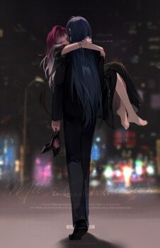 2girls black_hair carrying closed_mouth dress formal_clothes gradient_hair highres hug long_hair long_sleeves miix777 multicolored_hair multiple_girls path_to_nowhere princess_carry rahu_(path_to_nowhere) shalom_(path_to_nowhere) white_hair yuri