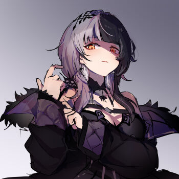 Rule 34 | 1girl, black choker, black coat, black dress, black hair, blunt bangs, breasts, carternanmen, choker, cleavage, closed mouth, coat, dress, gradient background, grey background, grey hair, hand up, hashtag-only commentary, highres, hololive, hololive english, large breasts, long hair, long sleeves, looking at viewer, multicolored hair, partially shaded face, shiori novella, solo, split-color hair, two-tone hair, upper body, virtual youtuber, yellow eyes