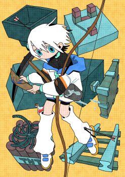 Rule 34 | 1girl, arrow (projectile), arrow in body, arrow in head, aruun, black jacket, blue eyes, bow (weapon), bucket, cevio, closed mouth, commentary request, dot mouth, explosive, floating hair, full body, highres, hitoribocchi sangyou kakumei (cevio), holding, holding bow (weapon), holding bucket, holding map, holding pickaxe, holding weapon, hopper (minecraft), jacket, layered clothes, leg warmers, long sleeves, looking at viewer, map, minecraft, object through head, off shoulder, pickaxe, piston, potion, railroad tracks, redstone comparator, shoes, simple background, sneakers, solo, tnt, tnt block (minecraft), water, weapon, white hair, white jacket, white leg warmers, white shoes, yellow background