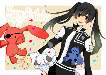 1girl absurdres allen_walker badge belt birthday black_hair black_jacket black_order_uniform black_skirt black_thighhighs border brown_background collared_jacket confetti cross d.gray-man earrings emblem eyepatch facial_mark gradient_hair green_hair hair_between_eyes hair_ribbon happy_birthday high_ponytail highres jacket jewelry kanda_yuu lavi lenalee_lee long_hair looking_at_object looking_at_viewer looking_down miniskirt multicolored_hair one_eye_covered open_mouth outside_border ponytail purple_eyes red_ribbon ribbon scar scar_across_eye scar_on_face sidelocks skirt smile solo star_(symbol) star_facial_mark striped_clothes striped_jacket striped_skirt stud_earrings stuffed_animal stuffed_cat stuffed_dog stuffed_rabbit stuffed_toy thighhighs thighs twintails vertical-striped_clothes vertical-striped_jacket vertical-striped_skirt white_border woldwolf9 zettai_ryouiki