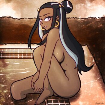1girl armpit_crease barefoot beg4cake blue_eyes blue_hair breasts completely_nude curled_fingers dark-skinned_female dark_skin earrings eyelashes feet female_focus from_side gym_leader hair_bun highres hoop_earrings jewelry knee_to_chest knee_up legs long_hair looking_at_viewer looking_to_the_side medium_breasts multicolored_hair neck nessa_(pokemon) nintendo nude outdoors own_hands_together parted_lips piercing pokemon pokemon_swsh pool poolside ribs sideboob sidelocks signature sitting smile streaked_hair thighs toes