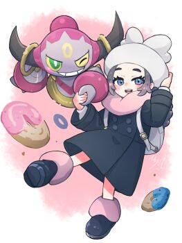 1girl ansha_(pokemon) backpack bag blue_eyes blush boots coat donut food gen_6_pokemon hand_on_headwear hat highres holding_hands hoopa hoopa_(confined) legendary_pokemon looking_at_viewer mythical_pokemon nintendo open_mouth pengin0808 pink_background pokemon pokemon_legends:_z-a scarf smile solo