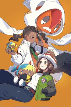 1boy 1girl brown_eyes brown_hair canari_(pokemon) canari_plush_(pokemon) character_doll commentary_request corrupted_twitter_file dark-skinned_male dark_skin denim doll gen_5_pokemon green_jacket green_necktie hand_on_another&#039;s_head hands_in_pockets harmony_(pokemon) hetero highres holding holding_doll jacket jeans light_blush looking_at_another medium_hair mega_scrafty nai_gai_hongcha naveen_(pokemon) necktie nintendo orange_background orange_vest pants pokemon pokemon_(creature) pokemon_legends:_z-a ponytail purple_eyes scrafty shirt simple_background smile vest white_jacket white_shirt